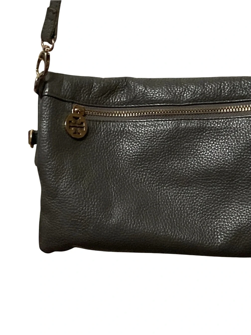 Tory Burch Logo Pebble Gray Leather Fold-Over Crossbody Purse